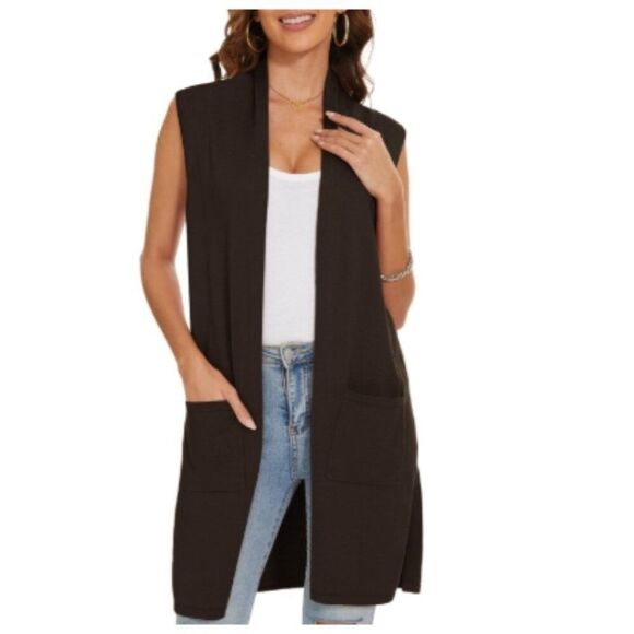 Joan Vass Sweaters - Joan Vass Duster Blue Sleeveless Long Cardigan with Pockets  in Size M